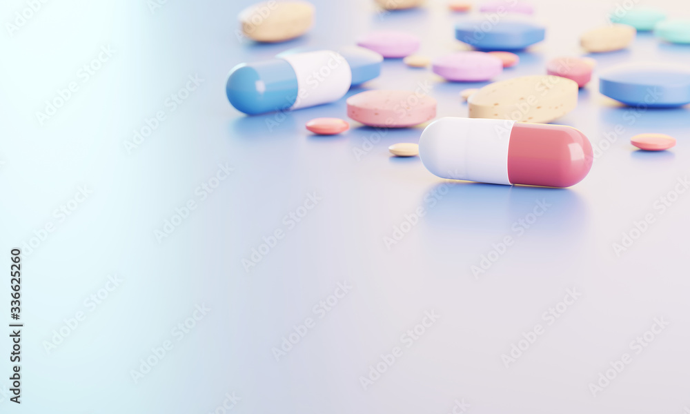3d rendering Multi colored pills and capsules placed on the background., Medical background 3d rendering Multi colored pills and capsules placed on the background., Medical background