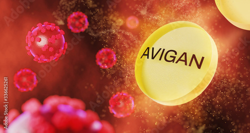 Microscopic COVID-19 is eliminated by drug disintegration by avigan Medicines., 3d illustration. photo