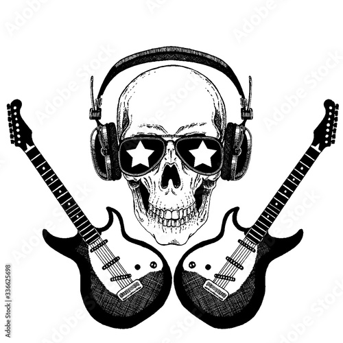 Vector skull in headphones with guitars. Logo for shirt, musical online school, internet education, tattoo, poster.