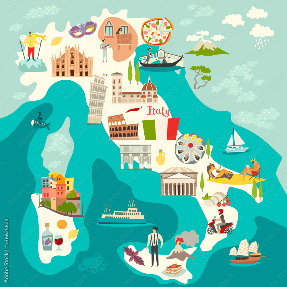 Italy map vector. Illustrated colored map of Italy. Cartoon abstract