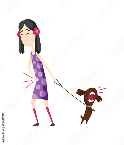 Girl having stomachache symptoms of appendicitis with large, small intestine and appendix. Young girl with dog clutched her stomach. Abdominal pain. Appendix disease, emergency case