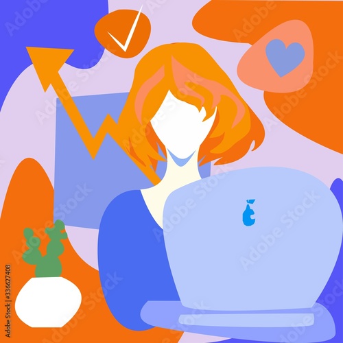 Vector sticker. the girl is working on a laptop. Vector graphic illustration.  photo