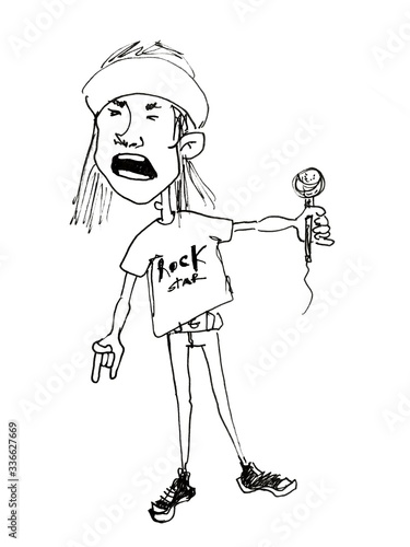hand drawn cartoon character of young funny cute man rock star standing and singing isolated on white