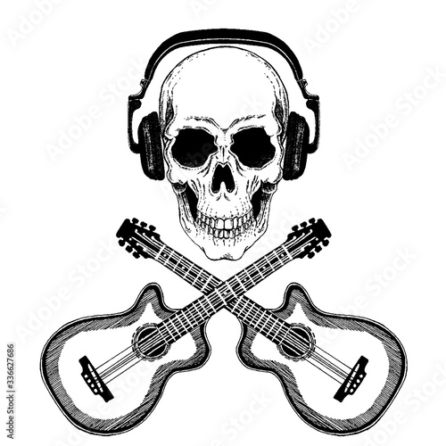 Vector skull in headphones with guitars. Logo for shirt, musical poster