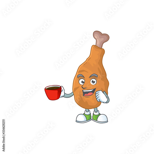 An image cartoon character of fried chicken with a cup of coffee