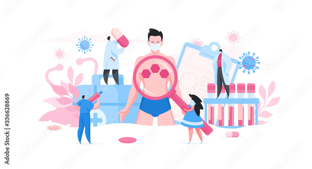 Flat style of doctors investigating infected male patient during epidemic Flat style of doctors investigating infected male patient during epidemic