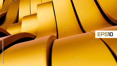 Golden abstract metal background. Futuristic 3d render illustration. Gold metal design. Steel texture. Yellow background. Shinny metal.