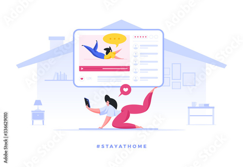 Woman doing yoga with online tutor staying quarantined at home