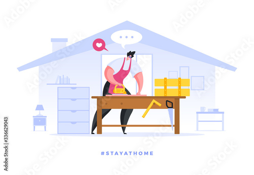 Male character doing favorite woodwork while staying at home on quarantine