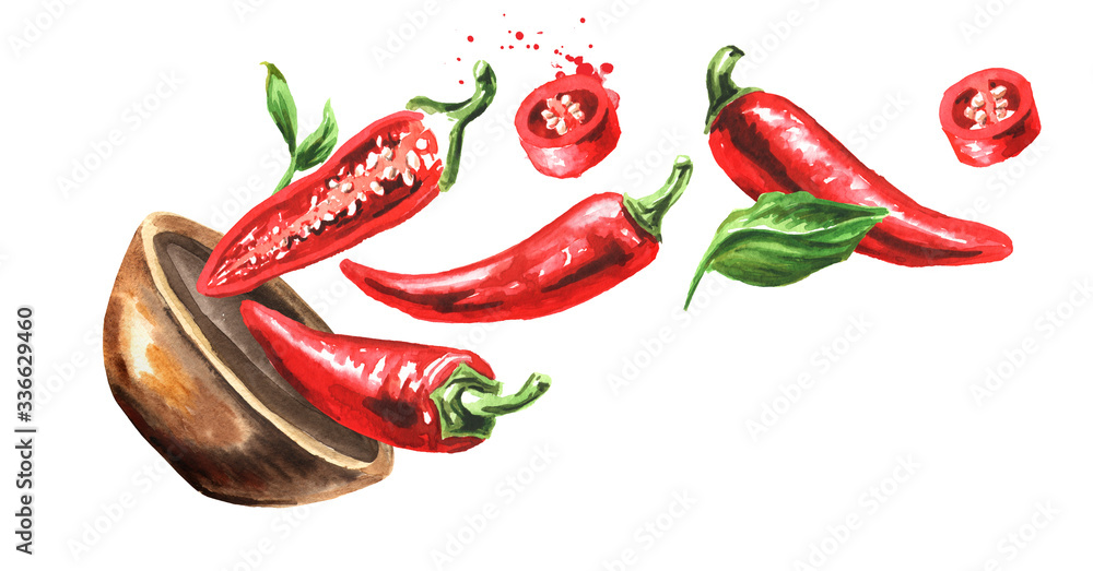 Bowl with red hot chili pepper, whole pods, chopped, halved, and sliced. Hand drawn watercolor illustration  isolated on white background - obrazy, fototapety, plakaty 
