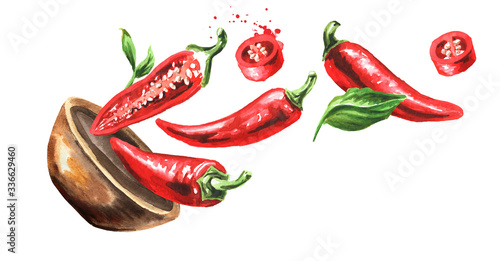Bowl with red hot chili pepper, whole pods, chopped, halved, and sliced. Hand drawn watercolor illustration isolated on white background