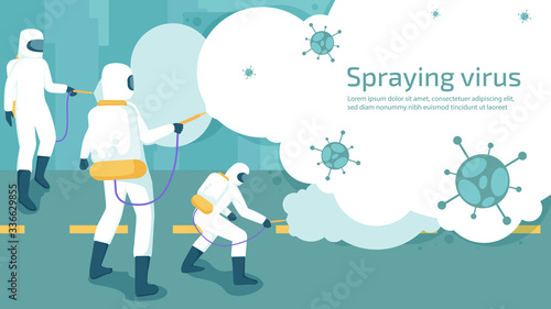 People in white protective clothing are spraying to Kill virus.Illustration about protection covid-19 with cleaning item.