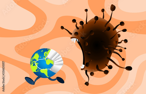 Earth Globe wearing mask running away from evil virus. Concept Stop the Corona virus. Covid-19 virus danger.