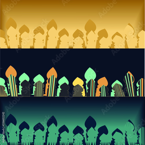 Set ofRamadan Kareem horizontal banner. Vector Illustration for greeting card, poster and voucher. concept horizontal banner with islamic traditional patterns. Silhouette muslim mosque blue background