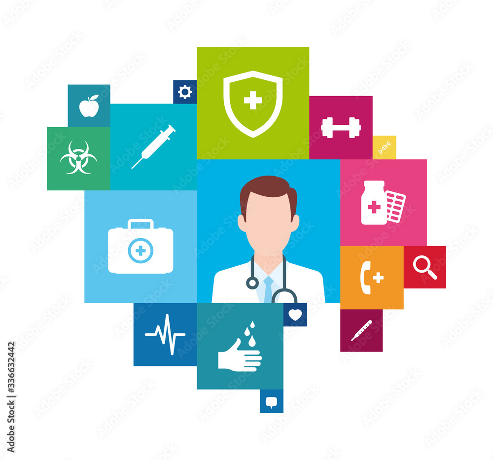 Vector icon set mosaic. Doctor with square icons. Isolated on white background Vector icon set mosaic. Doctor with square icons. Isolated on white background