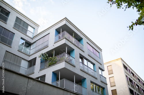 Facade of a new building. House. Rental of property. Building without people