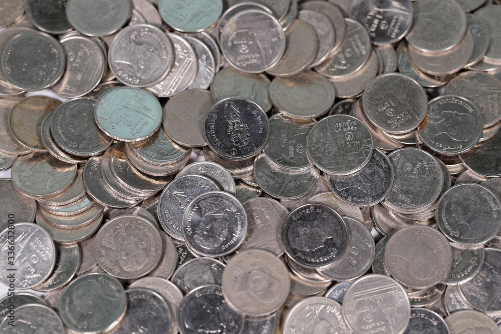 Thailand one baht coin stack View from above Thailand one baht coin stack View from above
