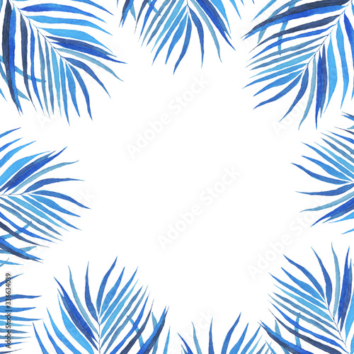 Frame square of tropical blue leaf or frond isolated on white background. Watercolor hand drawing illustration of floral texture. Bright summer design perfect for banner, invitation, wedding card.