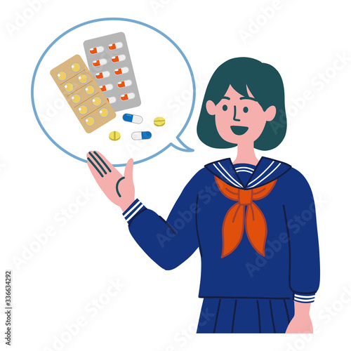 学生　女の子　セーラー服　薬　錠剤