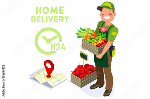 Symbolic fast food delivery symbol. Abstract delivery concepts, man delivering foods fruit and vegetables, deliver concept. Flat cartoon vector illustration. Grocery express shipping, graphic design