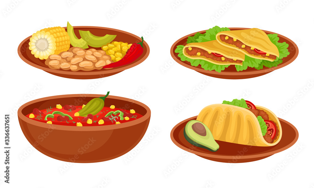 Bowl with Baked Beans and Tacos or Burrito Food Vector Set Bowl with Baked Beans and Tacos or Burrito Food Vector Set