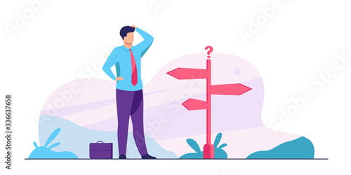 Pensive businessman making decision. Man in office suit standing at road direction signs. Vector illustration for opportunity, solution, idea concept