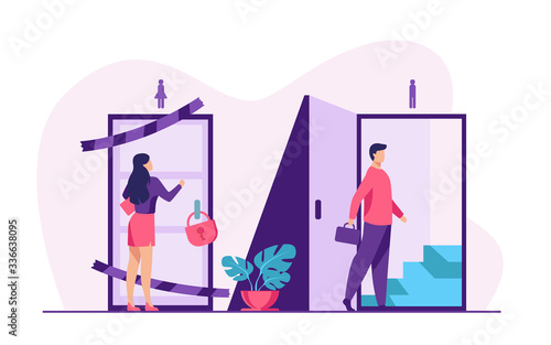 Woman knocking to locked and closed door flat vector illustration. Man entering open door and walking up stairs. Inequality in career, business opportunities. Social problem and discrimination concept
