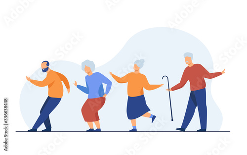 Happy senior people dancing at party. Cartoon grey haired old men and women enjoying music in club, having fun . Vector illustration for age, hobby, joy, retirement concept