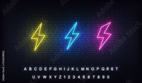Energy neon. Sign of lightning bolt, thunder and electricity