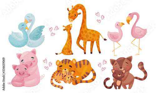 Zoo Mom Animals with Their Cubs Hugging and Cockering Them Vector Set
