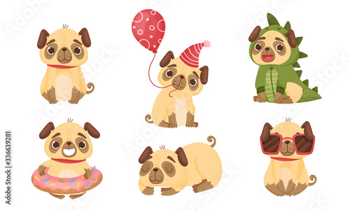 Cute Pug-dog Puppy Wearing Dinosaur Costume and Holding Balloon Vector Set