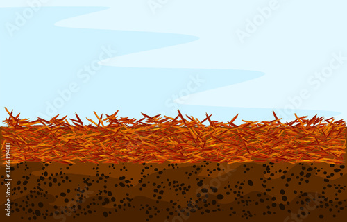 Red mulch background with copy space. Landscape design color mulch. Red mulch used for gardening and landscape decoration. Bright mulch for  flower beds using natural pine bark. Stock vector