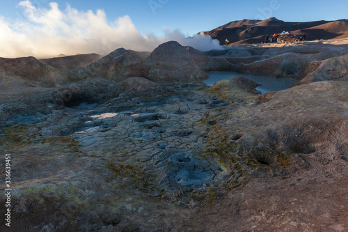 Uyuni, Bolivia. mud geysers on bolivian altiplano sunrise 