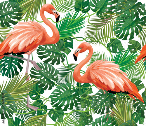 Seamless tropical  floral pattern, exotic leaves  and flamingos, isolated.