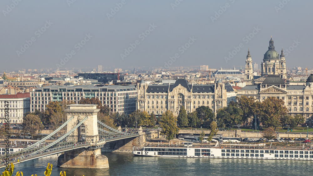 View of famous Chain bridge and St Stephen Basilica from the Royal Palace in Budapest, Hungary