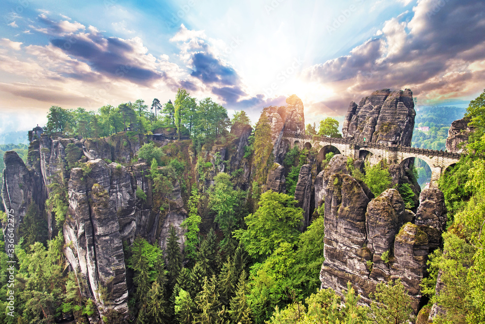 spectacular scenery from the cliffs on a background of morning fog near Rathen, Germany, Europe (Sachsische Schweiz)