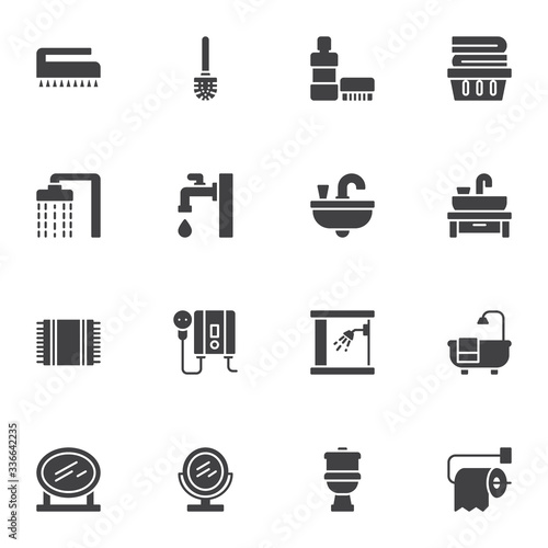 Bathroom and sanitary equipment vector icons set, modern solid symbol collection, filled style pictogram pack. Signs, logo illustration. Set includes icons as toilet brush, bathtub, shower stall