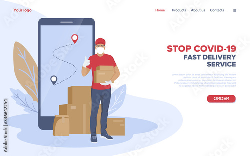 Courier in uniform and medical mask. Fast delivery services while quarantine. Template for landing page, website. Vector illustration
