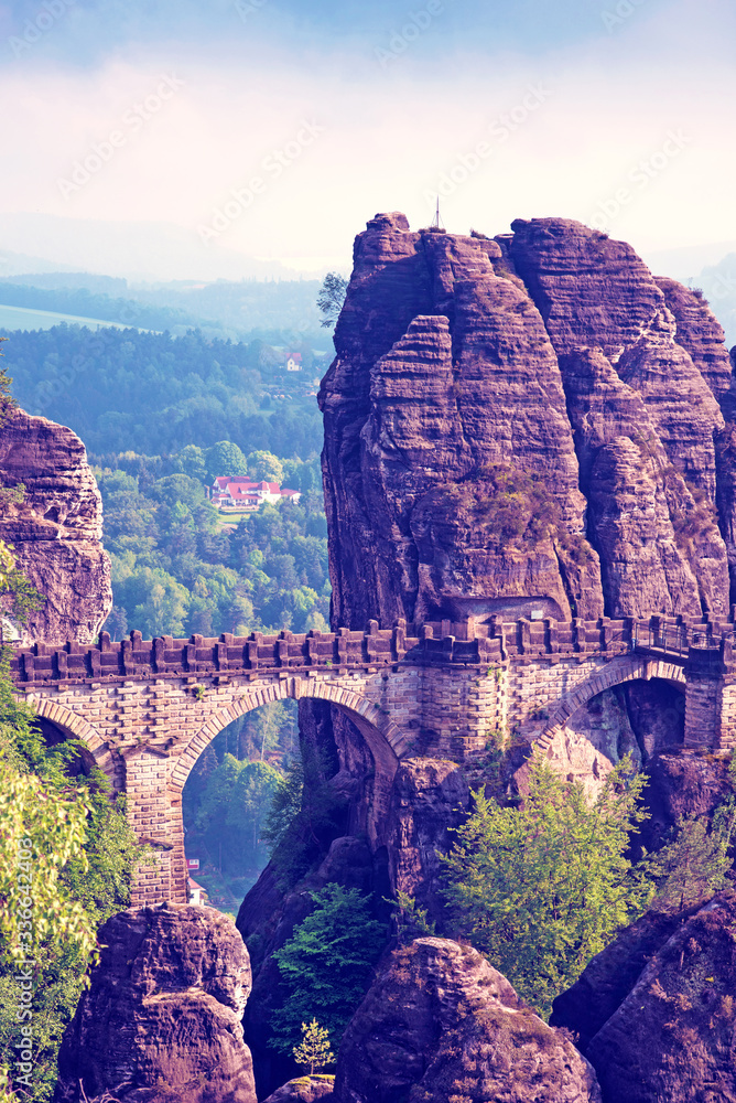 Mystical landscape with rocks near Rathen, Germany, Europe (Sachsische Schweiz)