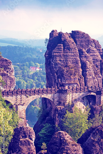Obraz na płótnie Mystical landscape with rocks near Rathen, Germany, Europe (Sachsische Schweiz) w salonie