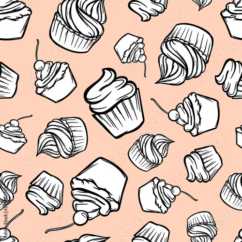 seamless pattern cupcakes black and white confectioner textile print background sweets vector relish