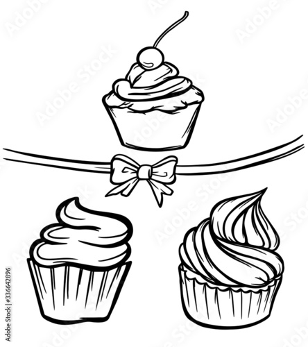 set of cupcakes with cream dessert relish vector illustration isolate outline a sweets baking banner coloring object kitchen pastry shop