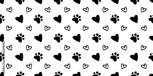 Seamless pattern of black hearts and pet paw silhouette print. Abstract animal wallpaper and fabric design and decor. Illustration isolated. Vector