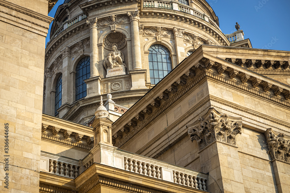 St Stephen Basilica facade details, famous touristic place in Budapest