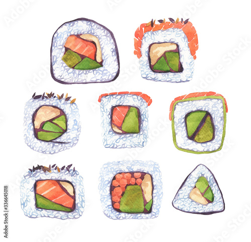 Watercolor set with sushi and rolls on a white background