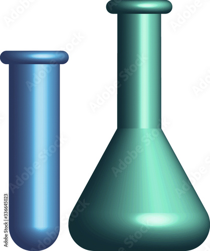 Vector 3d colored chemistry or medicine green and blue isolated flasks