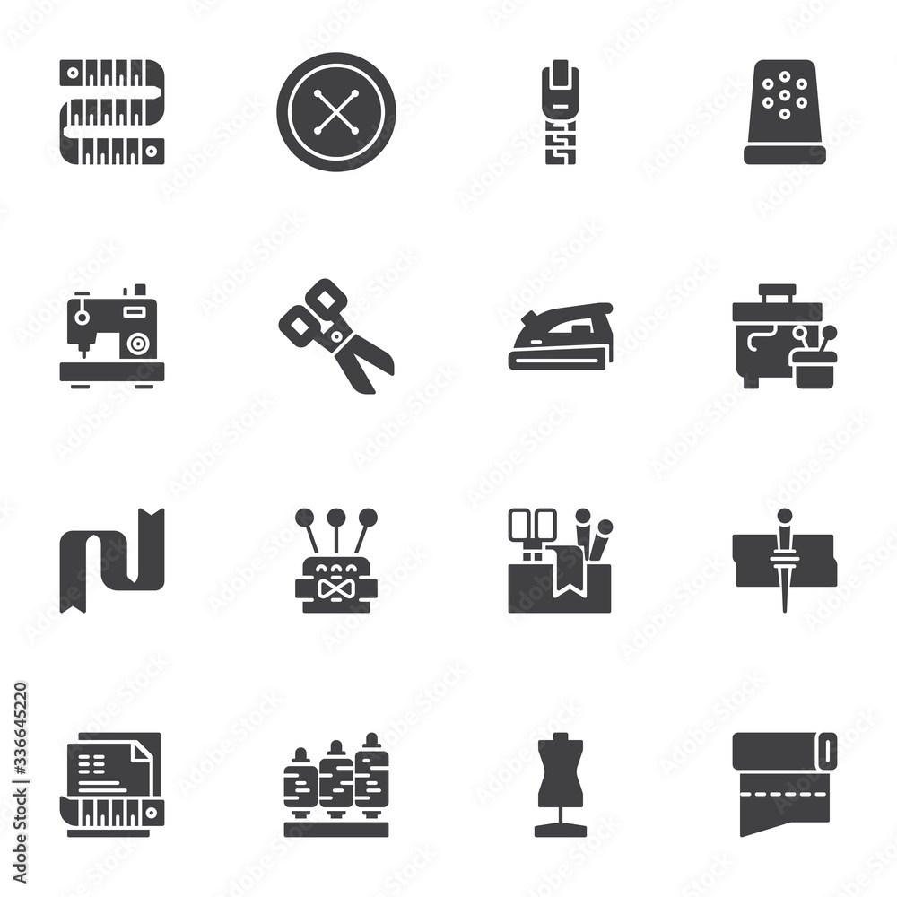 Sewing equipment vector icons set, modern solid symbol collection, filled style pictogram pack. Signs, logo illustration. Set includes icons as needlework thimble, sewing machine, scissors, button Sewing equipment vector icons set, modern solid symbol collection, filled style pictogram pack. Signs, logo illustration. Set includes icons as needlework thimble, sewing machine, scissors, button