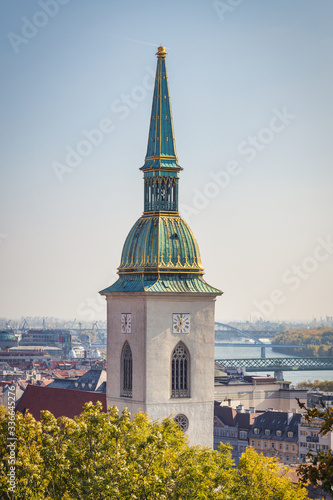 St Martin Cathedral clock tower and Bratislava city and Danube river view