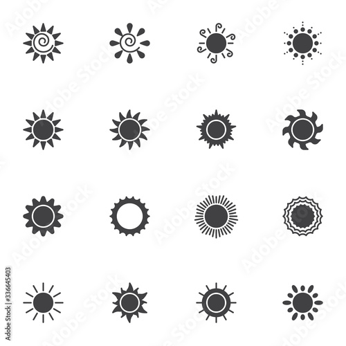 Sun vector icons set, modern solid symbol collection, filled style pictogram pack. Signs, logo illustration. Set includes icons as sunny, solar, sun rays, sunbeam, sunshine