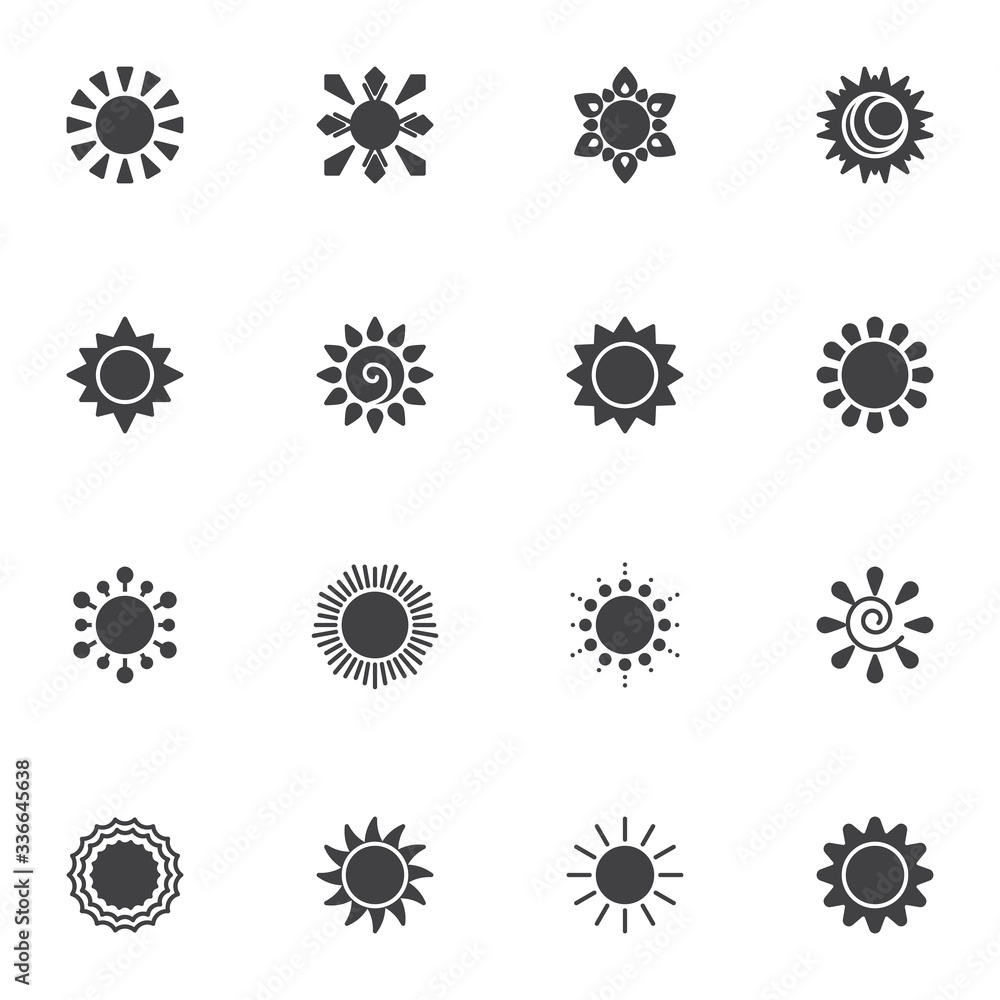 Summer sun vector icons set, modern solid symbol collection, filled style pictogram pack. Signs, logo illustration. Set includes icons as solar, sun rays, sunbeam, sunshine, sunny weather, sunlight Summer sun vector icons set, modern solid symbol collection, filled style pictogram pack. Signs, logo illustration. Set includes icons as solar, sun rays, sunbeam, sunshine, sunny weather, sunlight